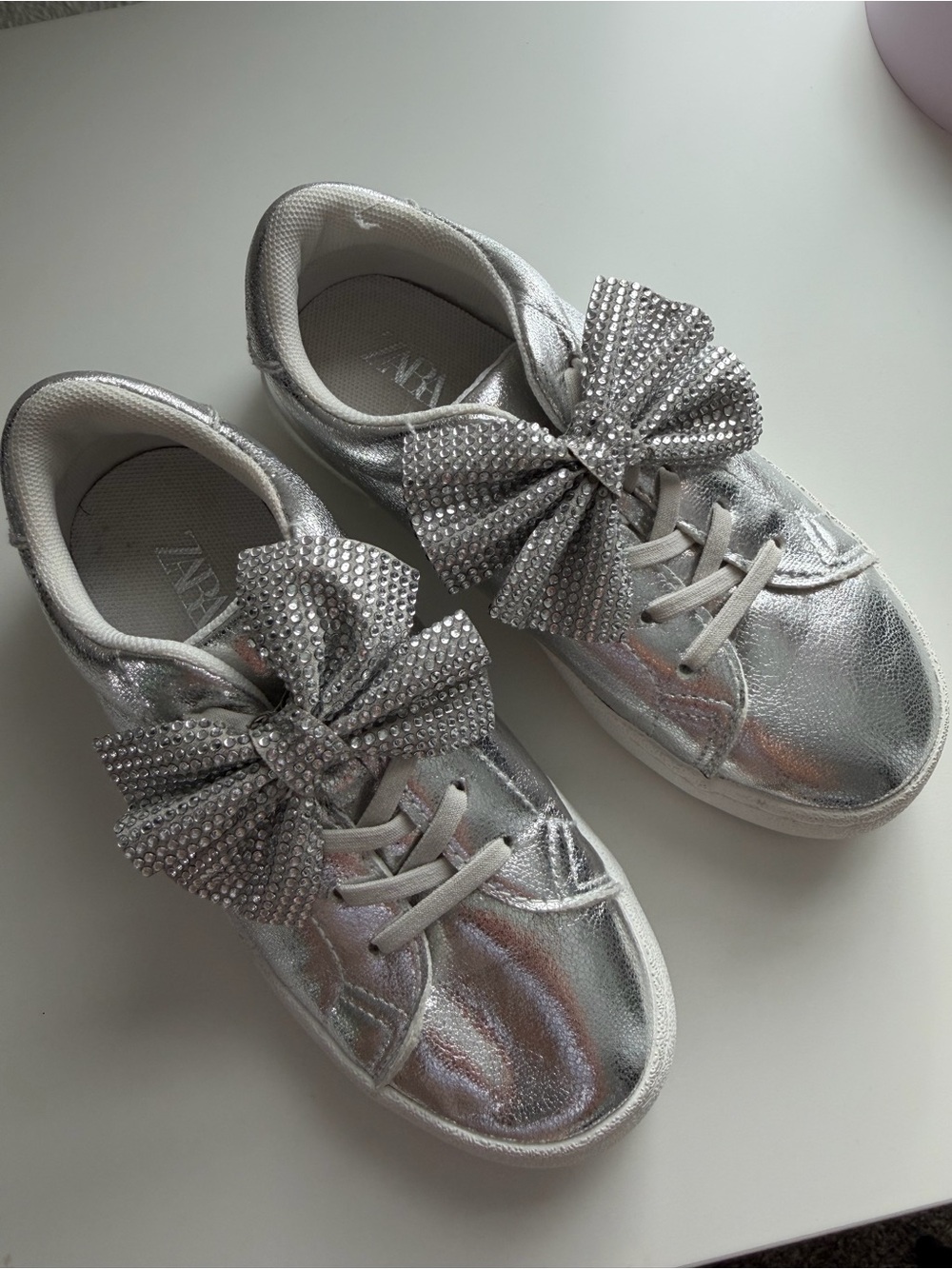 ZARA Girls Silver Metallic Bow Sneakers